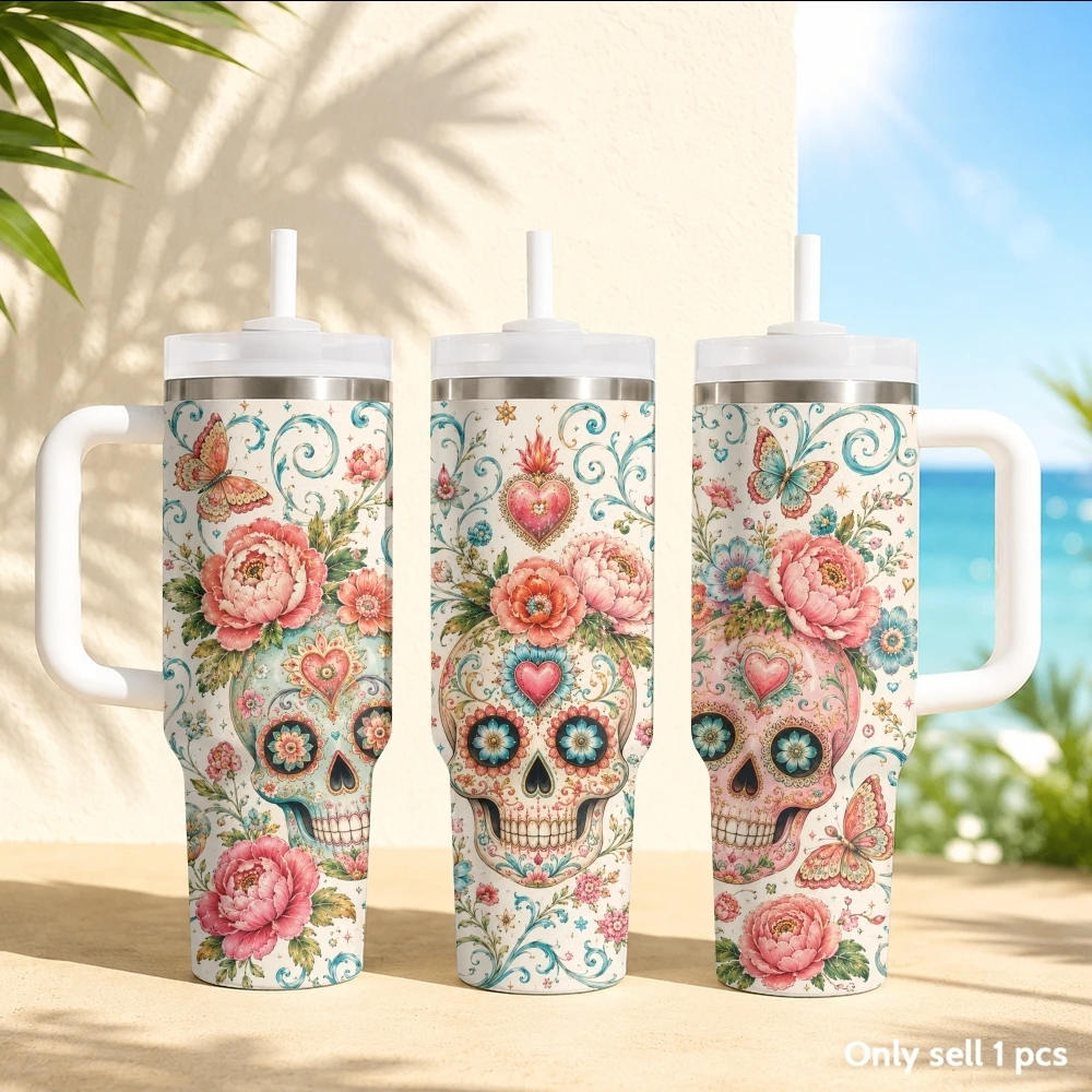 Natural Art Smiling Face Vacuum Flasks 40oz Stainless Steel Insulated Tumbler with Handle & Straw Leakproof Travel Mug