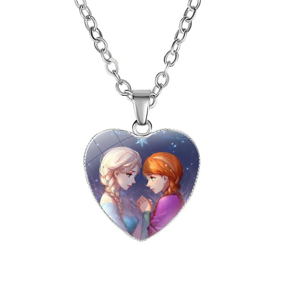 Disney Cartoon Princess Necklace Frozen 2 Anna Elsa Snow White Cinderella Ariel Jasmine Anime Figures Glass Gem Pendant Necklace