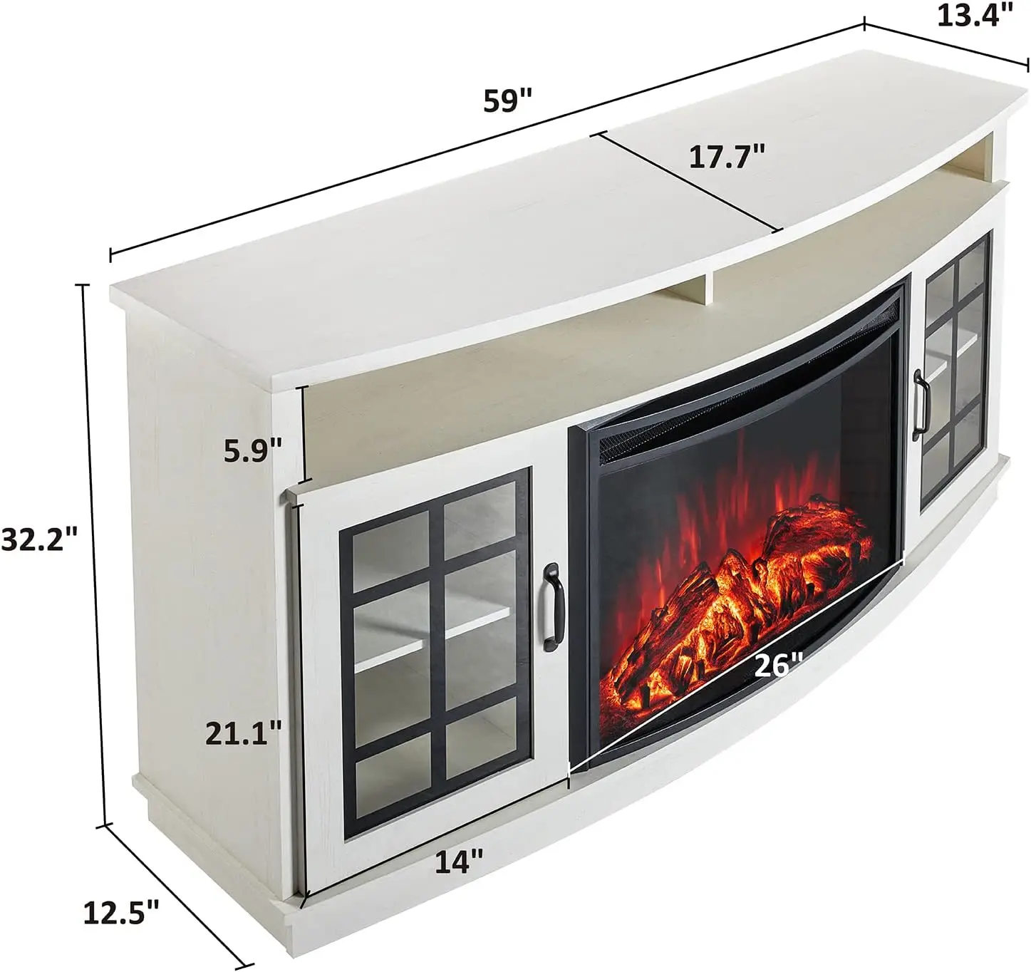 AMERLIFE TV-Ständer mit gebogenem Kamin und 26'' elektrischem Kamin, Medien-Entertainment-Center, Aufbewahrungsschrank mit Glastür im Bauernhaus