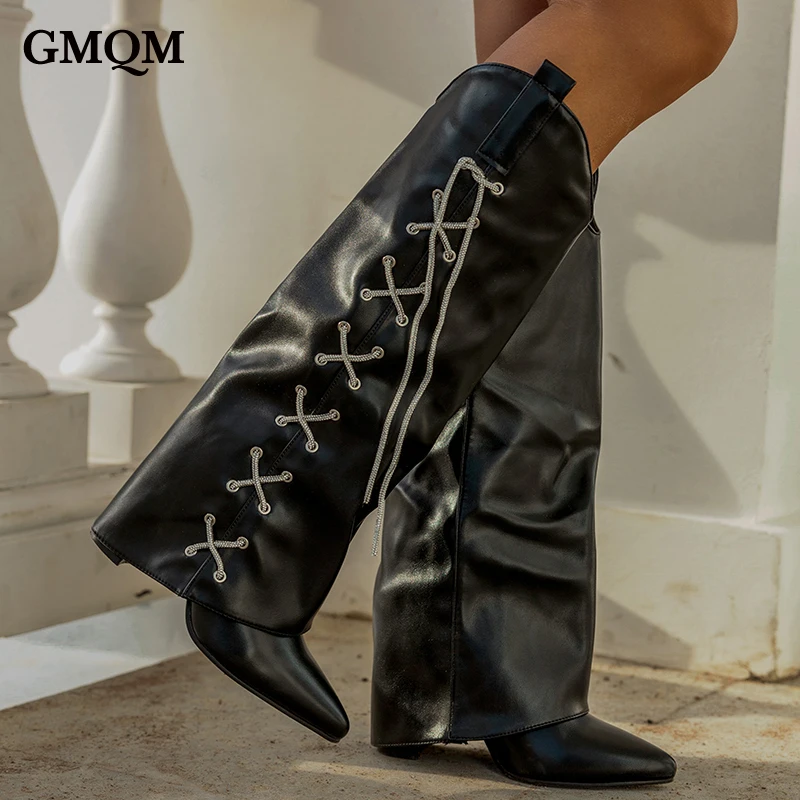 GMQM Fashion Women's Knee Boots Rhinestone Lace-up Pointy Toe Fold Over Wedges Boots Zip High Heel Pumps Street Style Long Boots