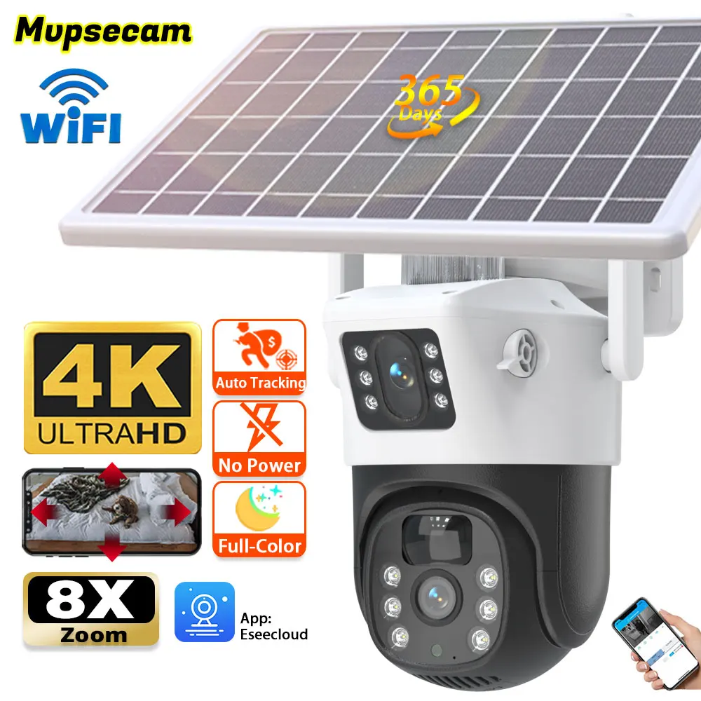 4K WIFI Solar Panel Camera Wifi Outdoor CCTV 8MP Camara PIR Humanoid Detection Night Vision Security Protection Built in Battery