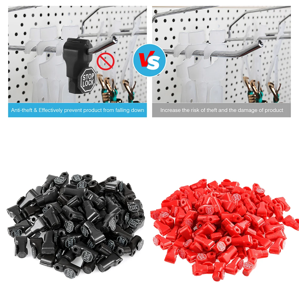 

100Pcs Anti-Theft Peg Hook Locks with Stop Sign for Retail Shop Display Shelf Lock Anti-Sweep Security Pegboard Peg Hook Lock