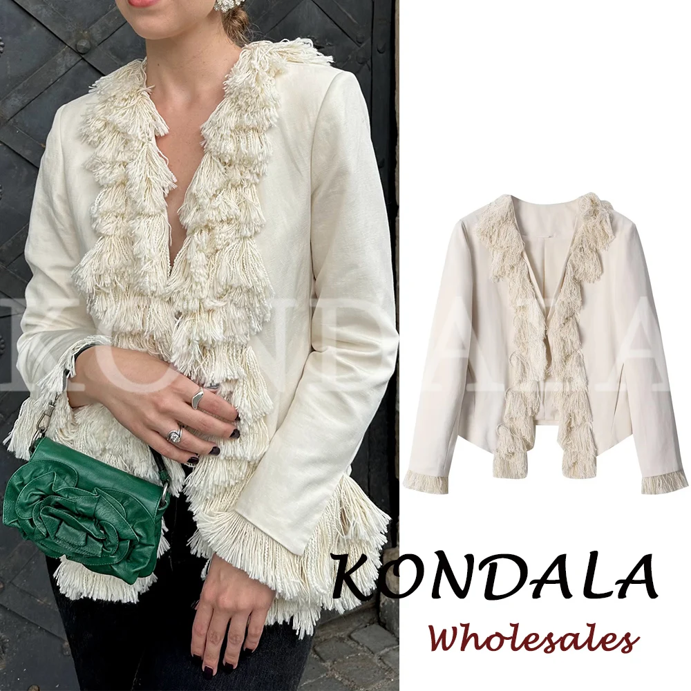 KONDALA Vintage Autumn Women Jacket Tassel Fashion 2026 Elegant Casual Modern Chic Female Streetwear V-Neck Button Mujer Outwear