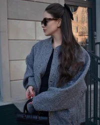2024 New Women's Casual Solid Color Stand Up Collar Single Breasted Large Pocket Loose And Comfortable Long Sleeved Jacket