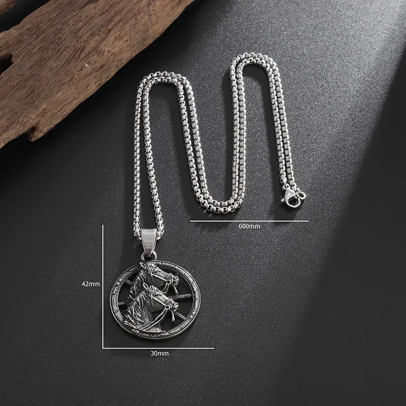 Vintage Punk Animal Double Horse Head Wheel Pendant Necklace for Men Women Fashion Charm Zodiac Keepsake Jewelry Gift