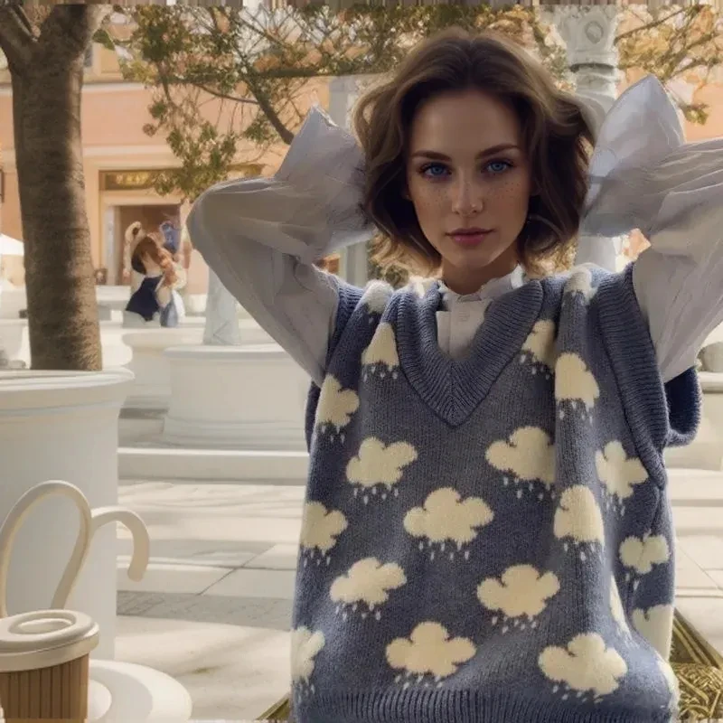 جديد سترة جاكار الأزرق سحابة صغيرة سترة محبوك تانك القمم الخامس الرقبة سترة فضفاضة فضفاضة المرأة 15990