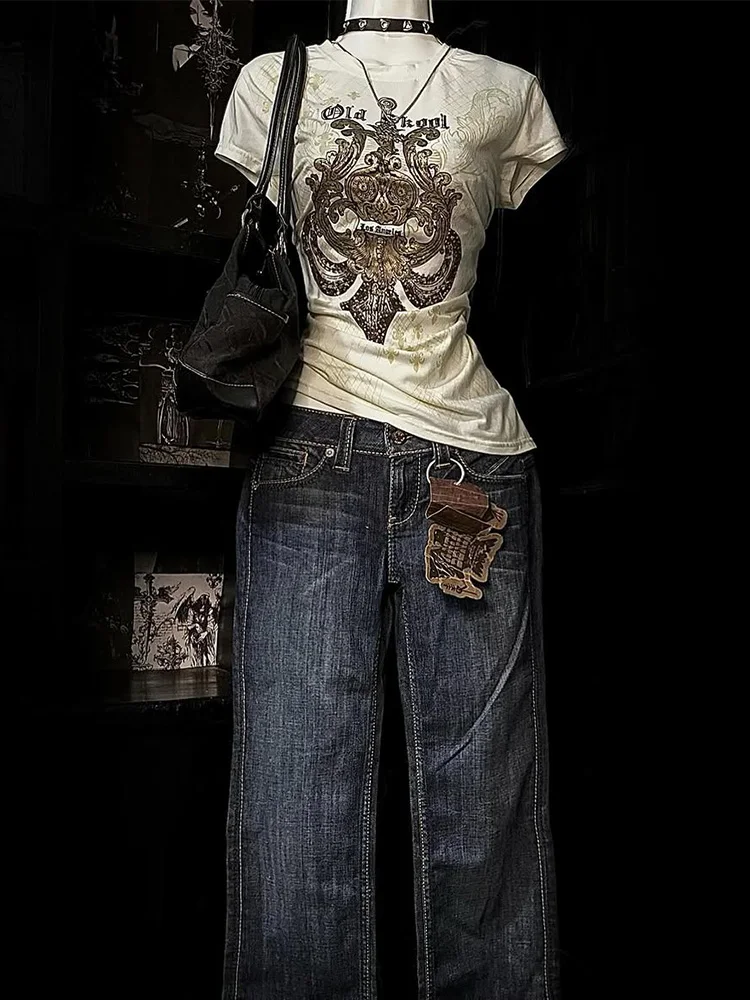 

Micro Wind Original American Retro Khaki Print ort Sve T-irt Summer Design Slimming Sexy Girl Top Casual Sle Cotton