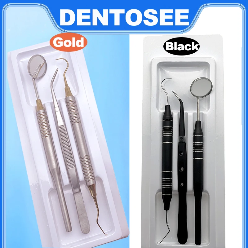 

Black/Gold Handled Dental Tool Kit Explorer Tweezers Mouth Mirror Must-Have Dental Instruments for Oral Exams Dental Procedures