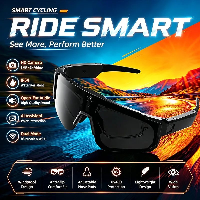 

2026 New Smart Cycling Glasses 3200W Photo Pixel AI Intelligent Identification IP54 Waterproof Bluetooth 5.3 Smart Glasses