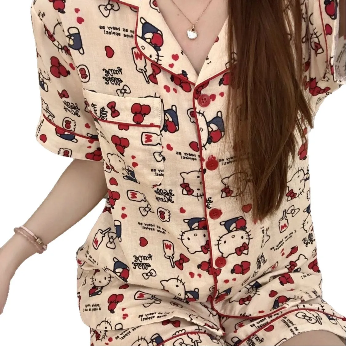 Hello Kitty pajamas set short sleeve cute cartoon sleepwear for women girls homewear