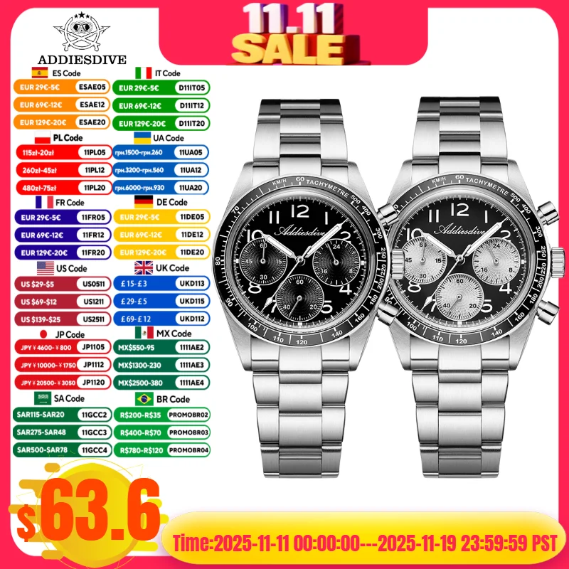 

ADDIESDVIE reloj hombre AD2517 Men Watch BGW9 Super Luminous 316L Stainless Steel 10Bar Waterproof VK63 Chronograph Quartz Watch