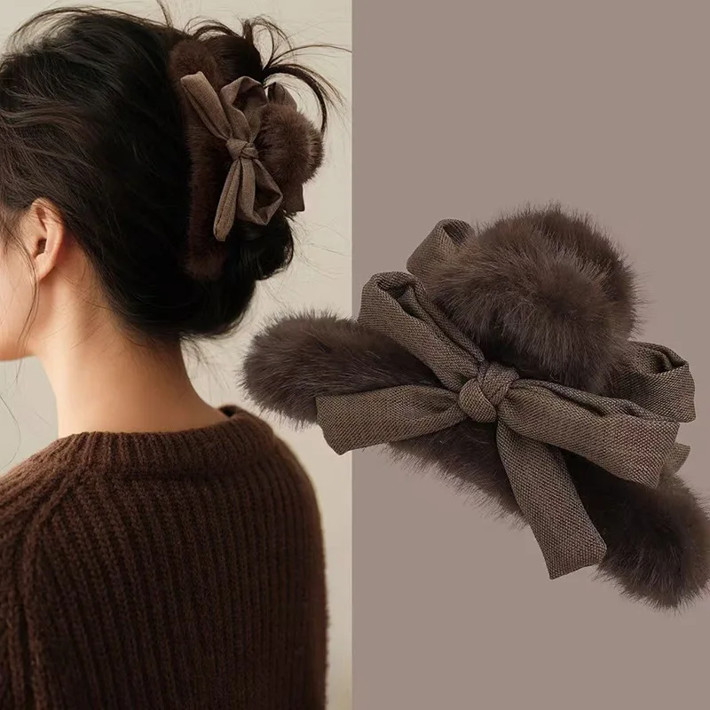 Autumn and Winter Fashion Plush Bow Hair Claw Women Girls Large Shark Clip Plush Ponytail Clip Back of Head Disc Hair Grab Clip