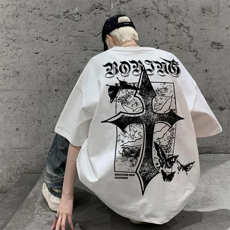 2026 Gothic Butterfly Cross Graphic T-Shirt Oversized hoodie for Kids Adults, Vintage Distressed Streetwear Short Sleeve Tops