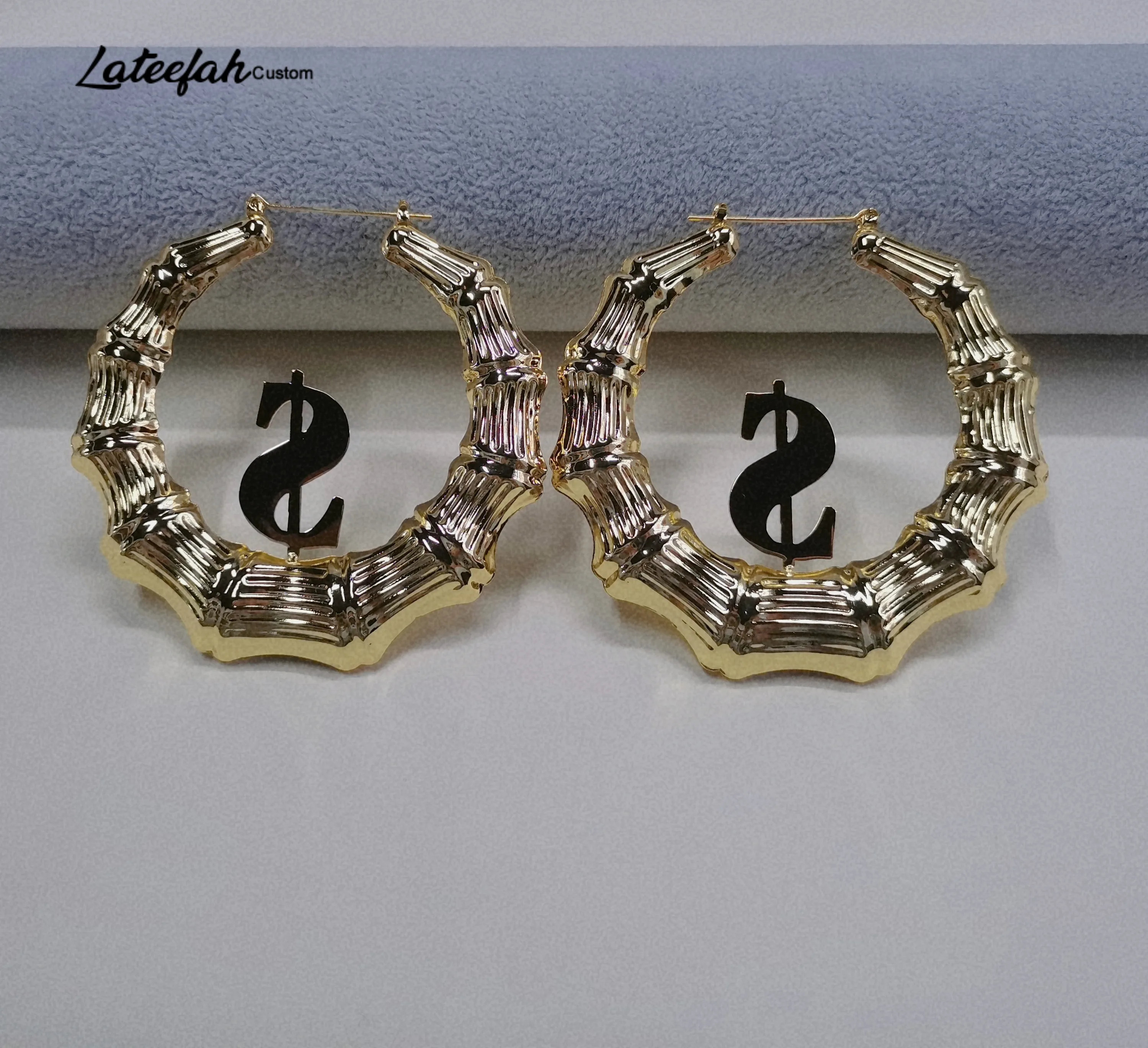 Lateefah 80mm Stainless Steel Bamboo Hoop Earrings for Women Personalized Customize Name Earrings Bamboo Style Jewlery As Gift
