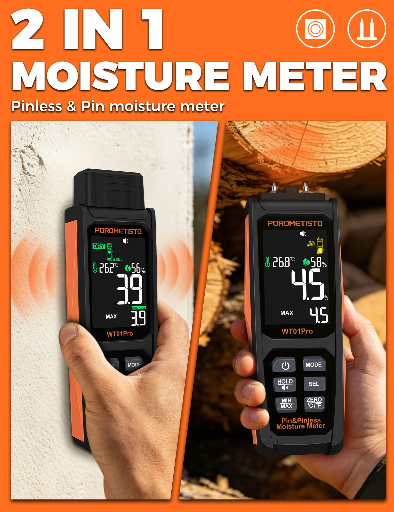 Neues 2-in-1 Digitales Holzfeuchtemessgerät mit und ohne Stifte, 0~99,9% Feuchtigkeitsmesser, Holzfeuchtigkeitsdetektor, Hygrometer für Holz und Beton – Detail 3