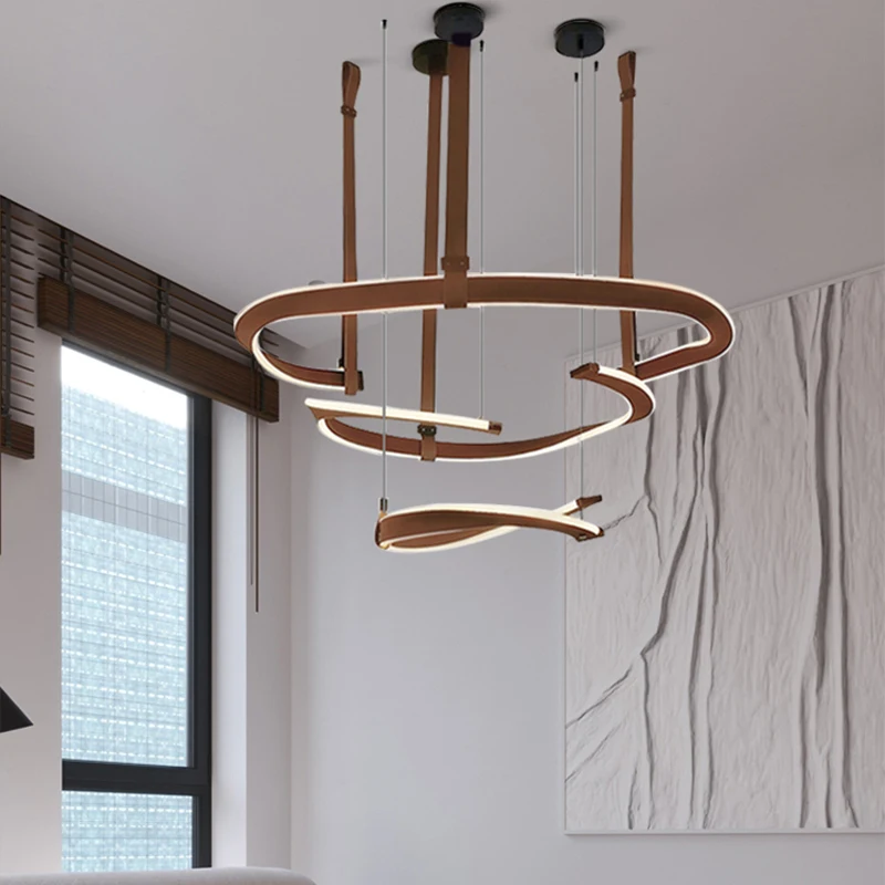 Brown Leather Belt LED Pendant Light Modern Hanging Lamp Lustres For Living  Room Kitchen Hotel Vintage Suspension Chandelier