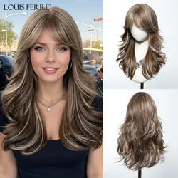 LOUIS FERRE Brown With Blonde Highlights Synthetic Wigs With Side Bangs Long Wavy Layered Hair Wigs for Women Daily Cosplay Wig