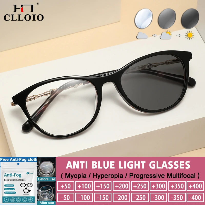 

CLLOIO Fashion Oval Frame Anti-blue Light Reading Glasses Women Photochromic Prescription Eyeglasses Myopia Optical Eyeglasses