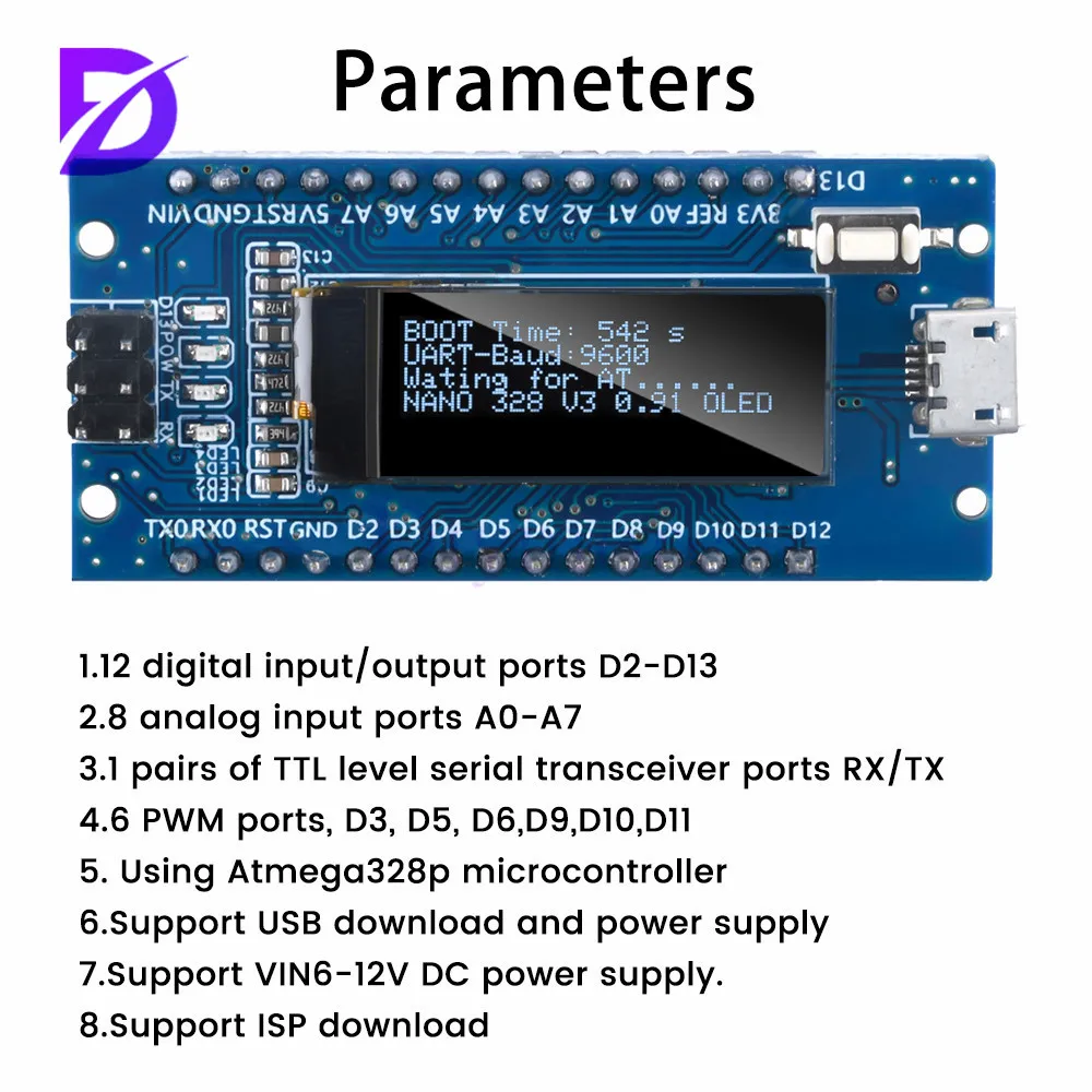 V3.0 Atmega328P Ch340C Built-In Oled Display, 128x32 Resolução, Ssd1306 Iic I2C, Compatível com Arduino, Nano V3.0, 0,91"