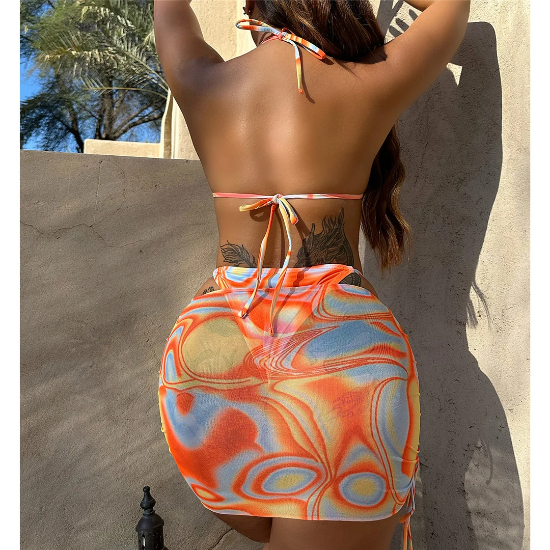 Mit Rock, Batikmuster, Neckholder, hoch geschnittenem Bikini, Damen-Badebekleidung, dreiteiliger Bikini-Set, Badeanzug, Badebekleidung, Schwimmbekleidung V4717 – Detail 13