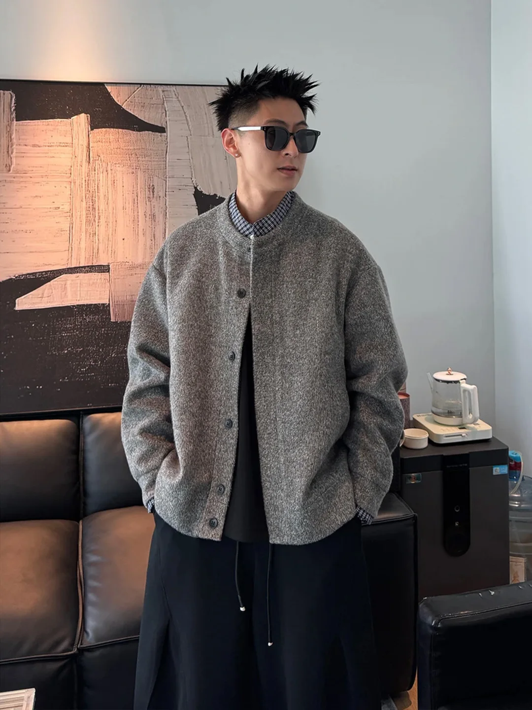 

New Wealthy Knitted Open Cardigan Men's Design Plaid Splicing Collar Fake Two-Piece Jaet Autumn Top Casual Sle Polyester ...