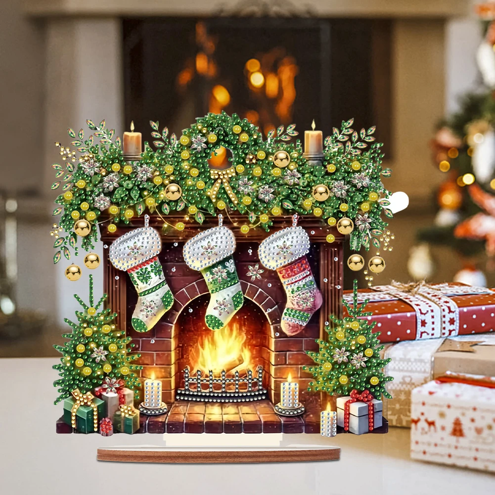 

Wooden Special Shape Christmas Fireplace Diamond Painting Tabletop Ornaments Rhinestones Painted Crystal Ball Diamond Mosaic Set