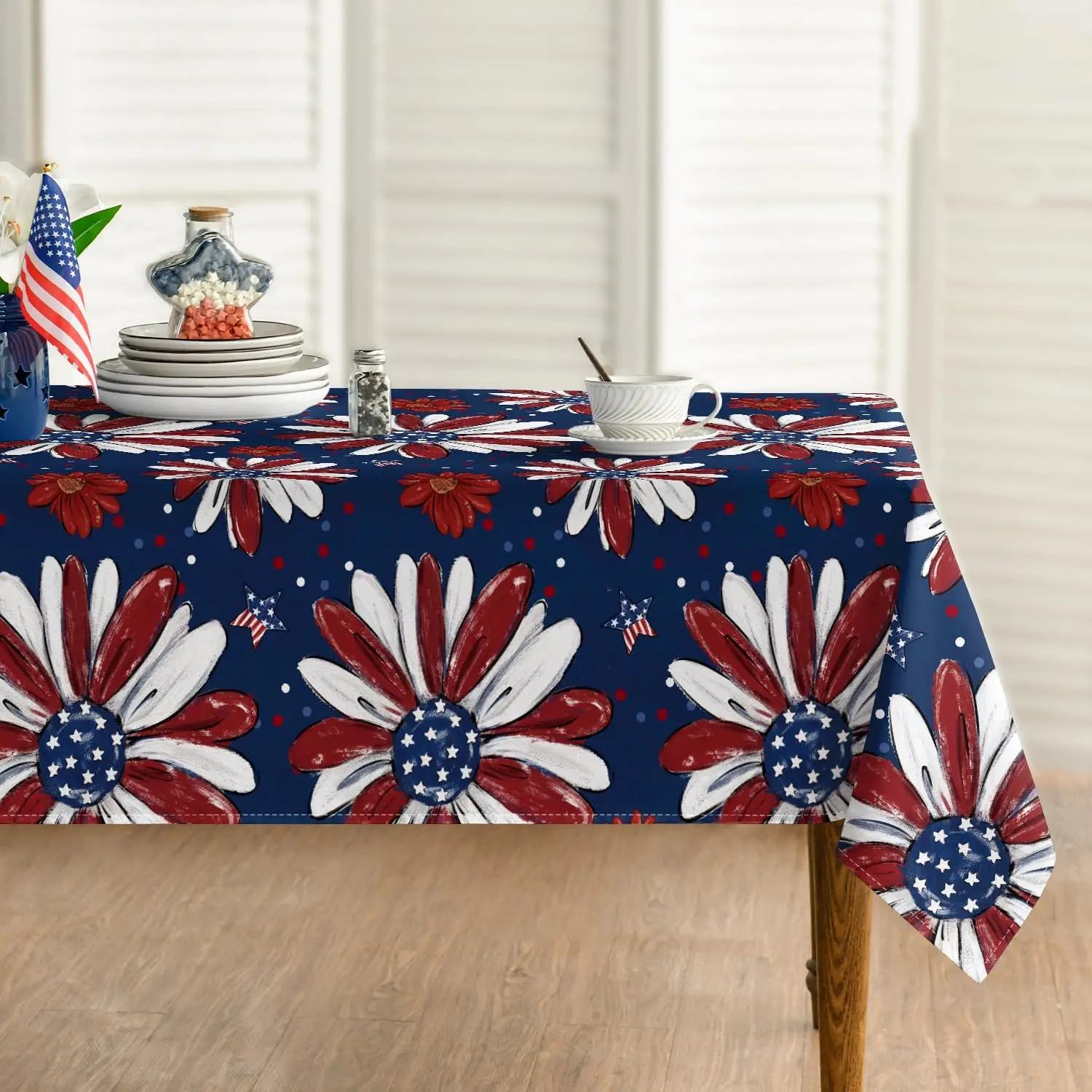 4th of July Rectangle Tablecloth for Table Decor Patriotic Memorial Day Print Flowers Table Cloth Independence Day Decorations
