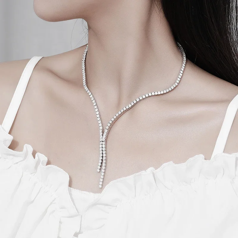 NeeTim Moissanite Tassel Tennis Necklace For Women, 925 Sterling Silver With White Gold Plating Diamond Look Fine Jewelry With Certificate