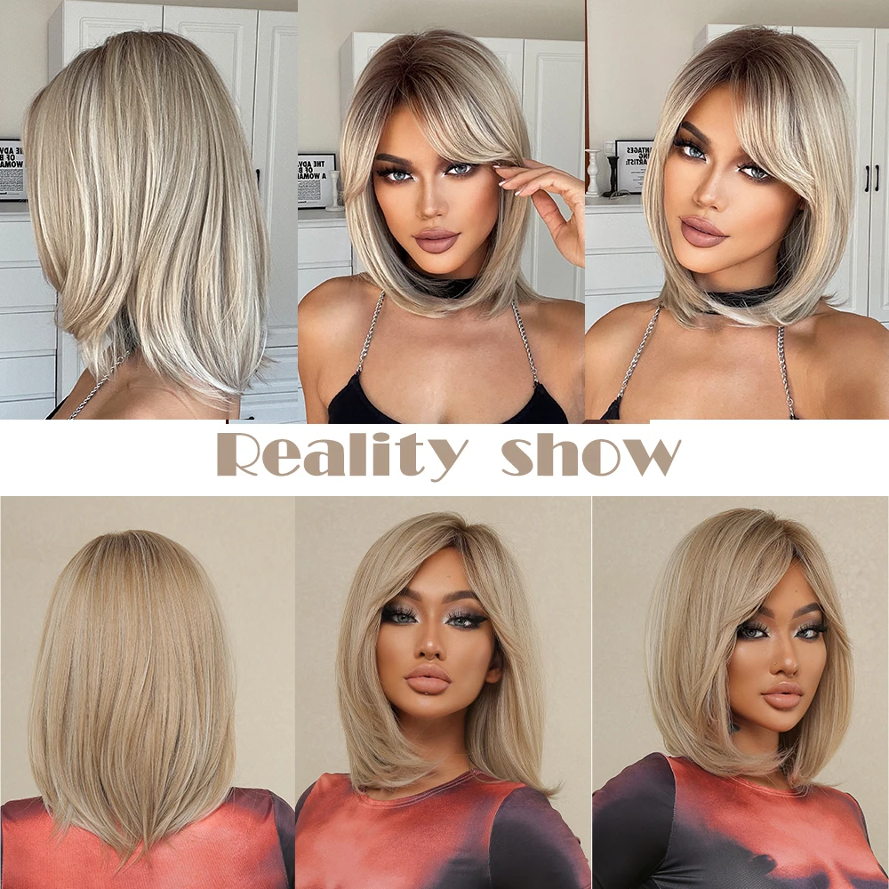 LOUIS FERRE Blonde Short Straight Wigs for Women Shoulder Length Layered Synthetic Hair Wig with Dark Roots Natural Fluffy Daily