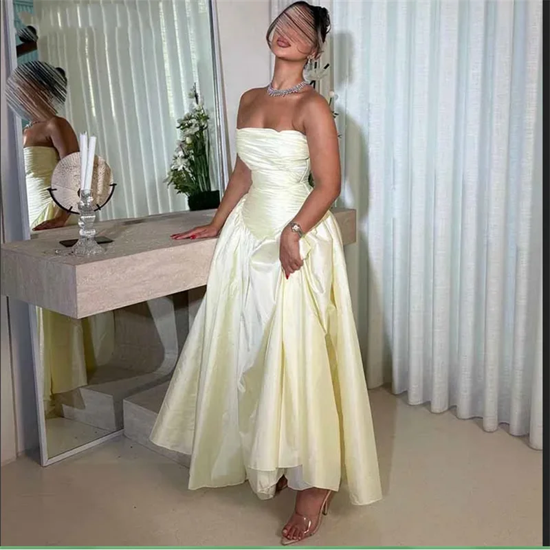 Einfache A-Linie-Abendkleider, hellgelb, trägerlos, ärmellos, Falten, Partykleider, knöchellange Ballkleider, individuell gestaltet