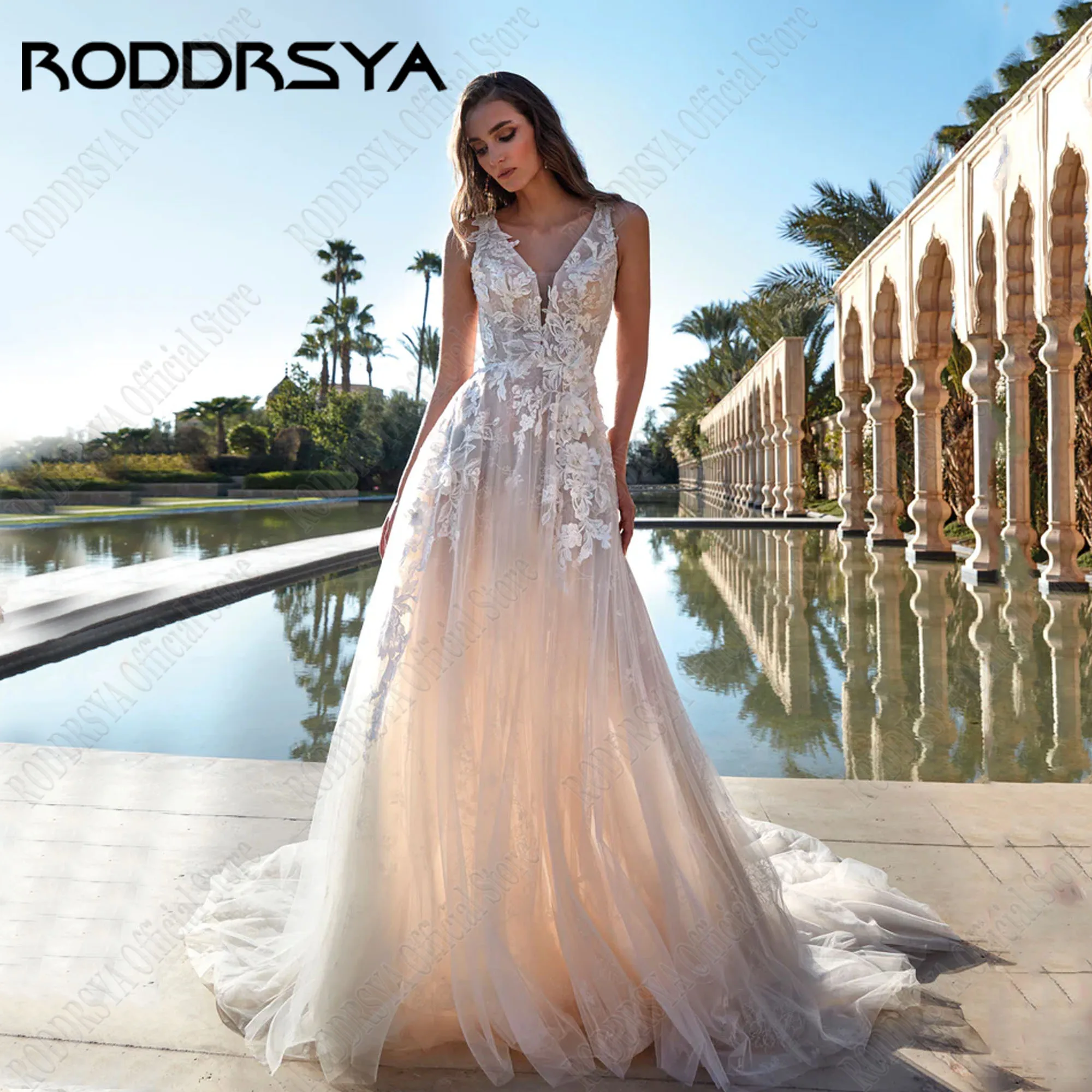 

RODDRSYA Sleeveless A-Line Wedding Dresses 2024 Bride Lace Applique V-Neck Boho Bridal Gowns Tulle Button Back Robe De Mariée