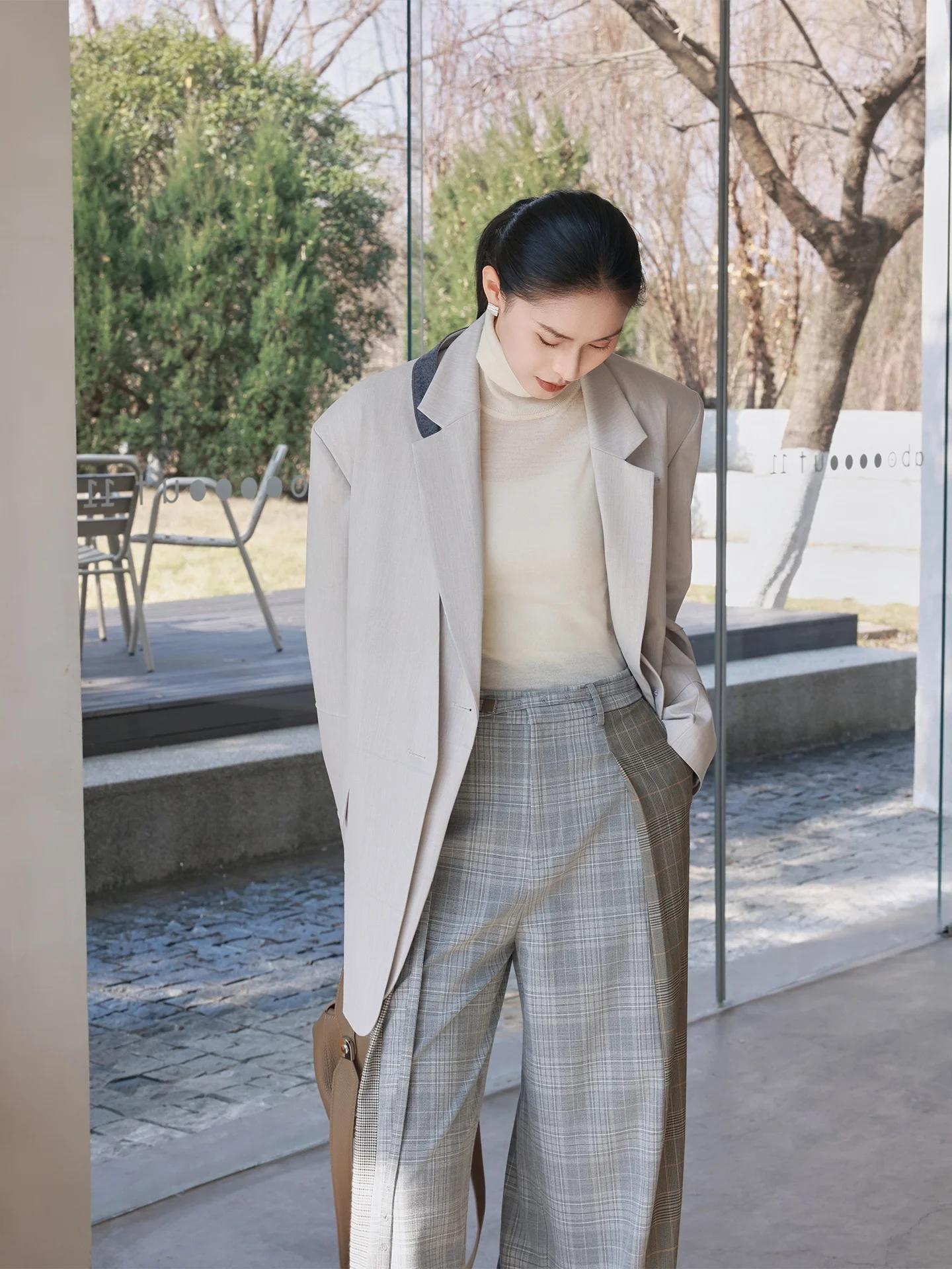 

Jieji Zhang Spring Fashion Color Block Neckless Suit Jacket And Vest Set Women's Casual High Waist Polyester Blend Long Sleeve