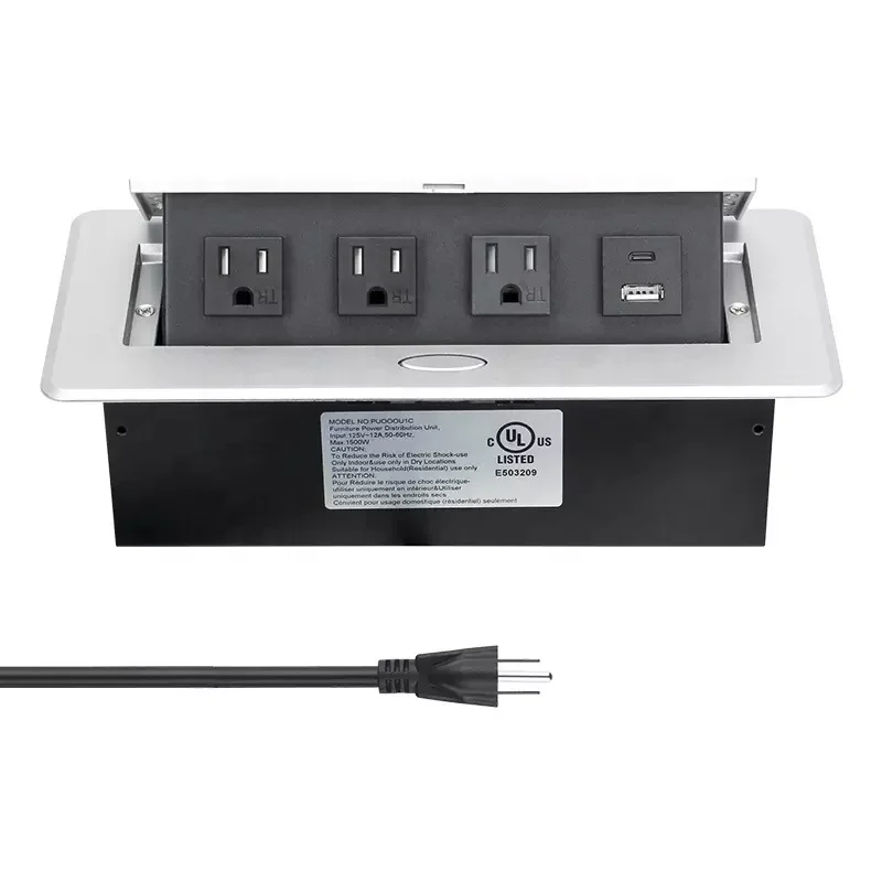 US Pop Up Power Cover Box Desktop Outlet Damped Multimedia Outlet Connection with Type c and USB Charger for Conference Room