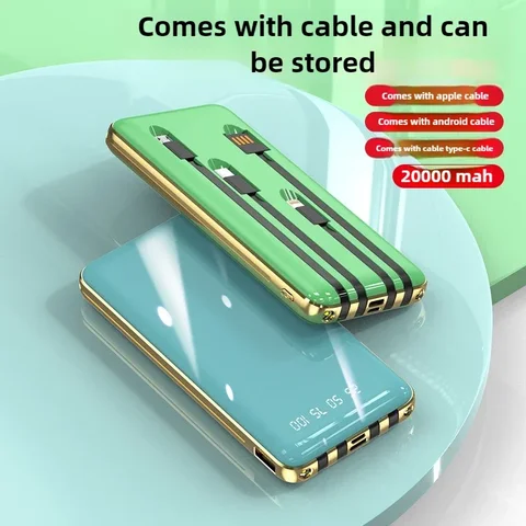 Тонкий и легкий новый гальваника большой емкости со собственным кабелем Power Bank 20000 мАч BCAK Портативный мобильный источник питания