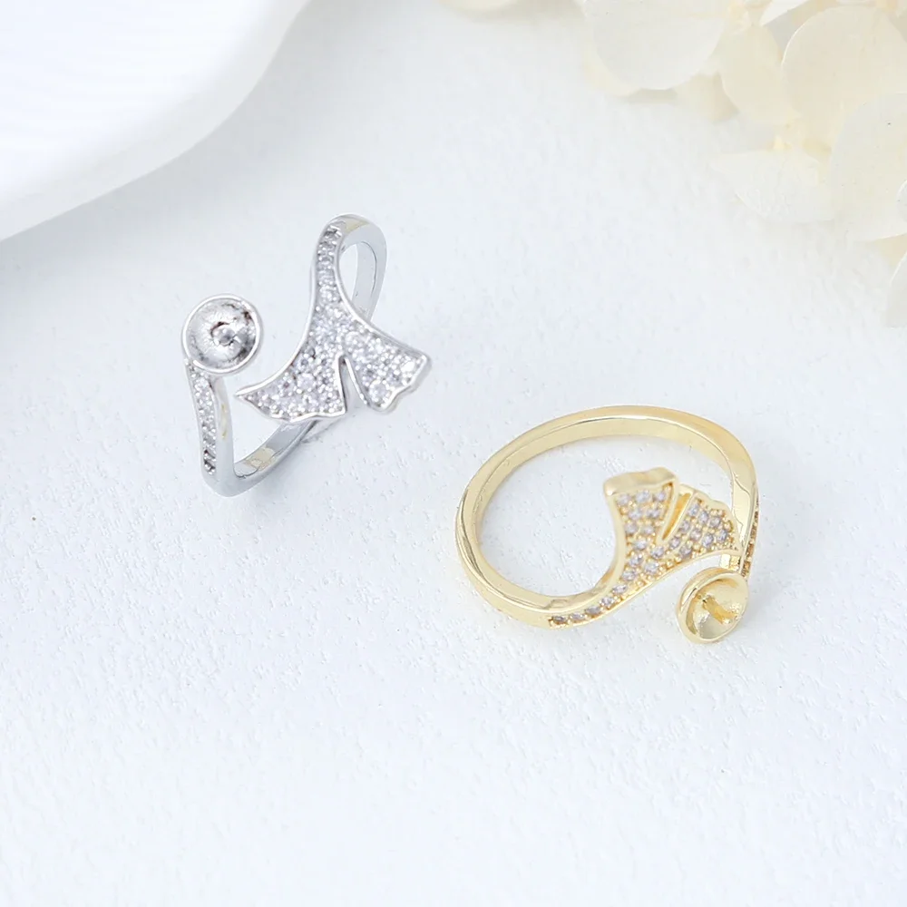 Zirconia Adjustable Ginkgo Leaf Opening Ring Settings Brass Gold Plated Half Mount Plant Rings For DIYJewelry Making Accessories