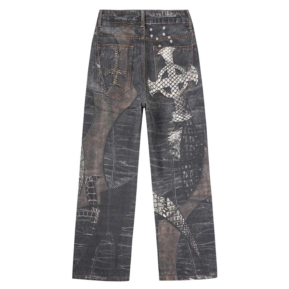 Men Snakeskin Printed Jeans Fashion Cross Pattern Painted Denim Pants Punk Black Loose Straight Trousers