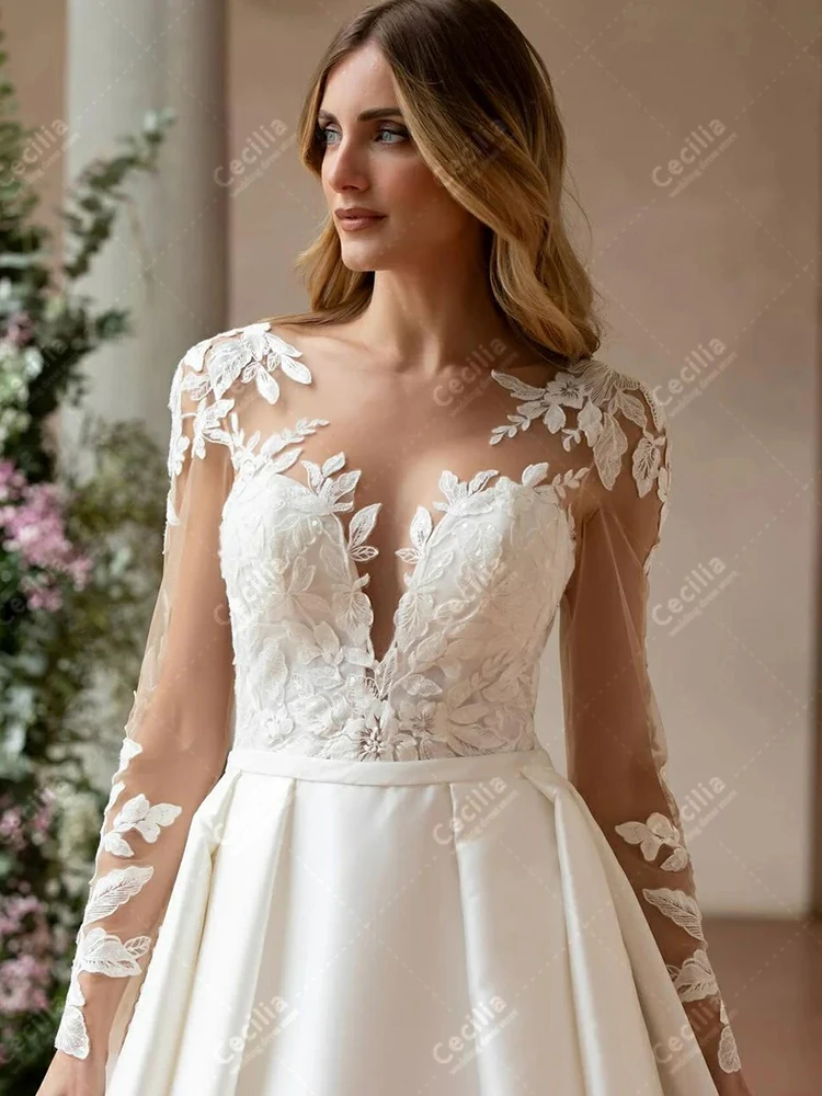 エレガントなウェディングドレス A ラインサテンブライダルドレスレースアップリケフルスリーブローブフォーマルパーティー用カスタマイズされた Vestidos デノビア