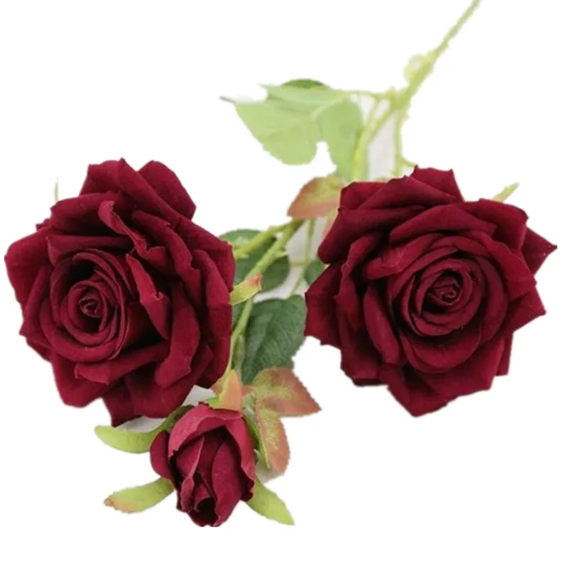 

4Pcs Faux Long stem Velvet Rose ( Heads/Piece) Simulation Curling Rosa Green Leaf for Wedding Home Decorative Artificial Flowers