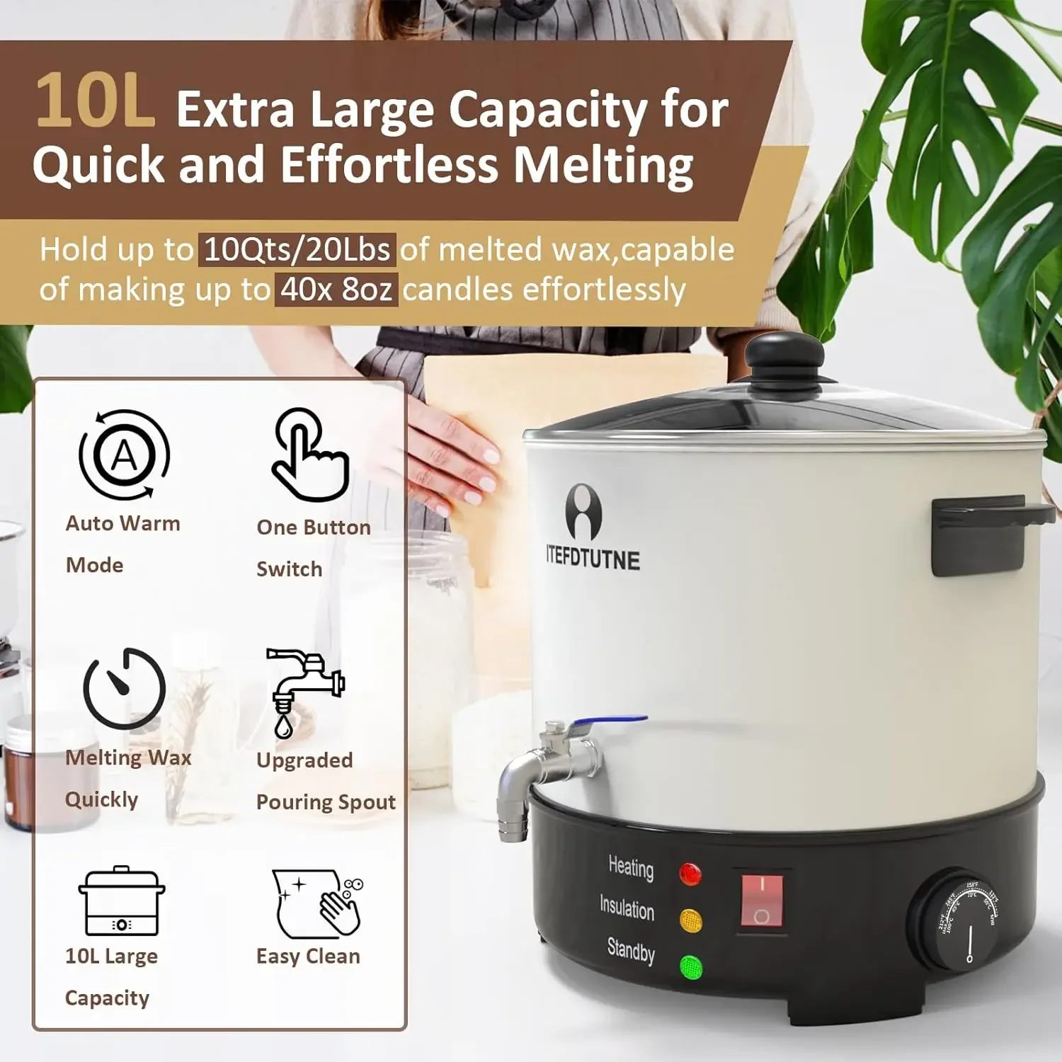 Wax Melter for Candle Making, 10Qts/20Lbs Extra Large Electric Wax Melting Pot for Candle Business with Faster Pour Spout & Accu