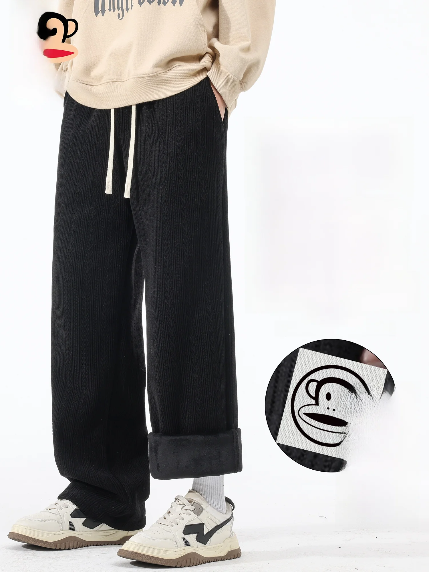 

PaulFrank Men's Fce Lined Casual Trousers Winter New Loose Straight Leg Bla Warm Long Pants Comfortable Straight Fit Jeans