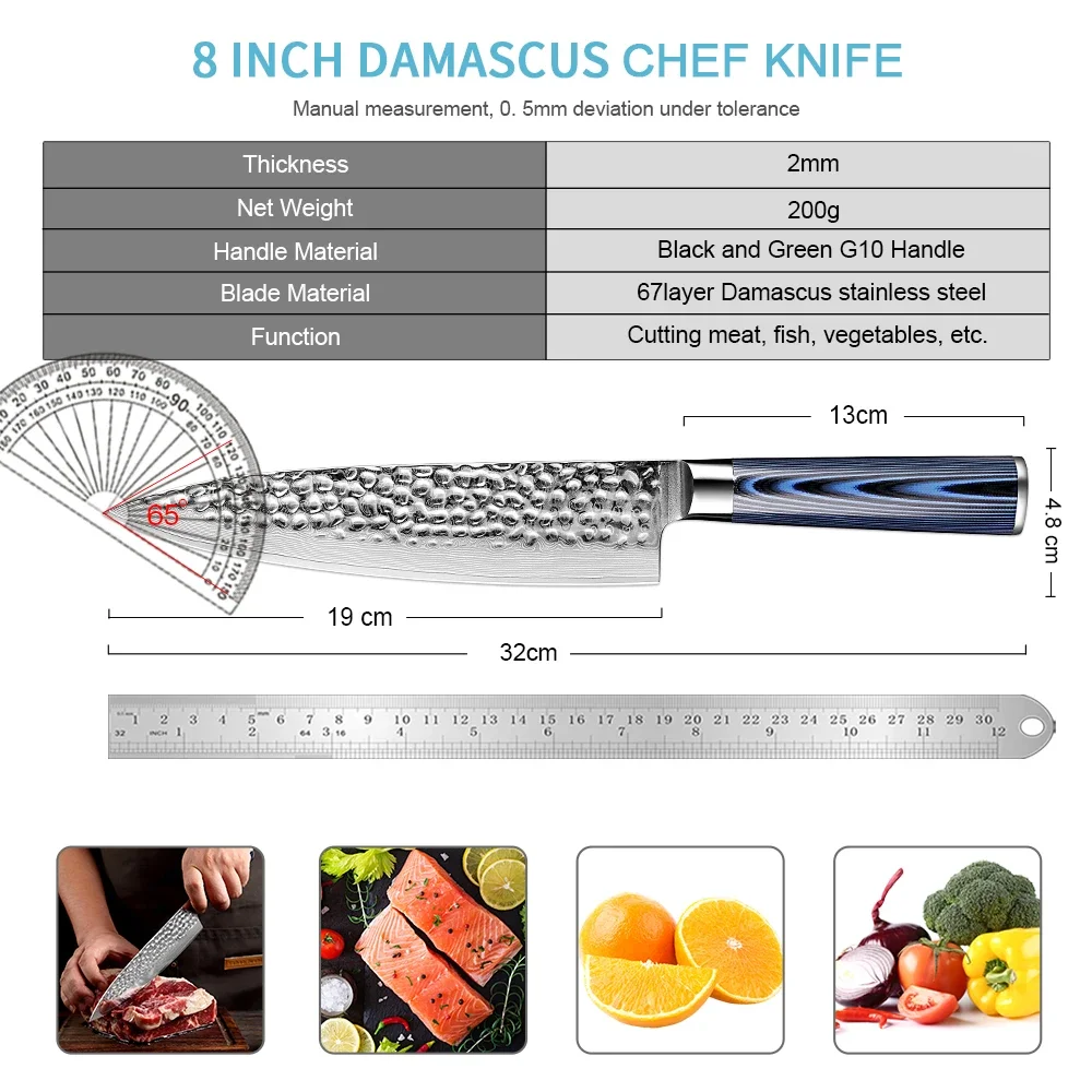 8 Inch Chef Knife Professional Damascus Kitchen Knives Japanese VG-10 Stainless Steel Ultra Sharp Blade and Ergonomic Handle