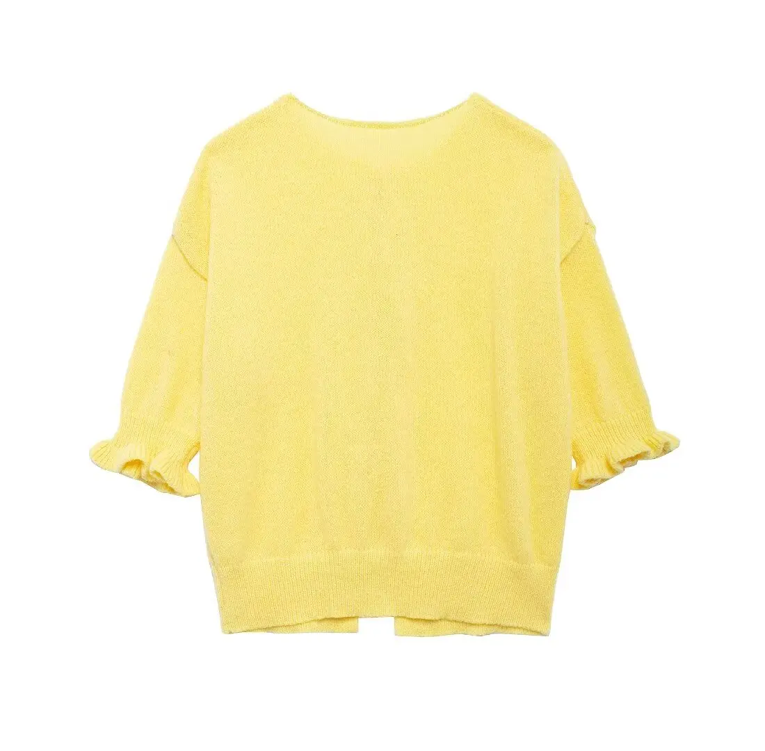 Tangada 2024 Fashion Women Yellow Bow Knitted Sweater Jumper Short Sleeve Cropped Cardigan BE0277