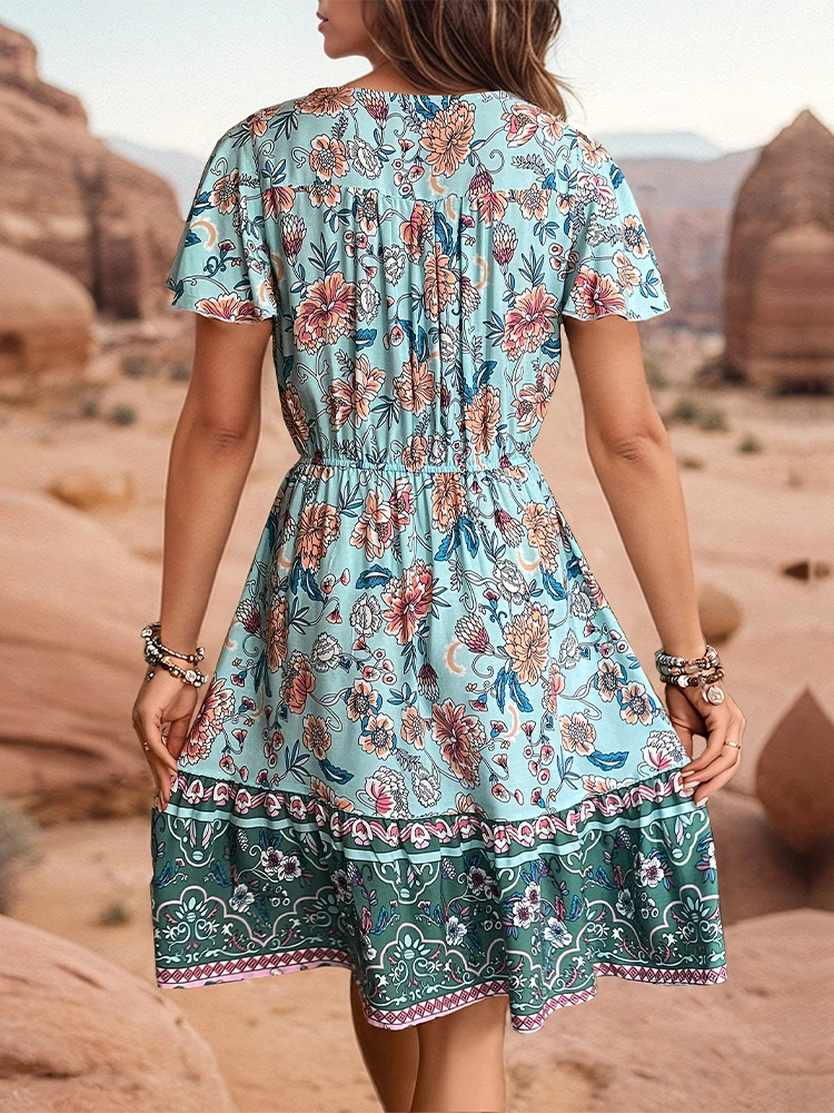 Summer Bohemian Dress Fashionable Printed V-neck Short Sleeves with Flower Tune Waist Ethnic Leisure Vacation Style 2024 Dresser