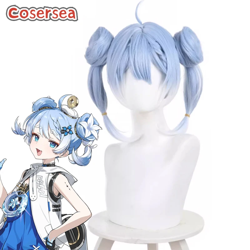 Cosersea Youhu Cosplay Wigs With Buns Wuthering Waves Youhu 35cm Short Light Blue Mixed White Wig Synthetic Hair Heat Resistant