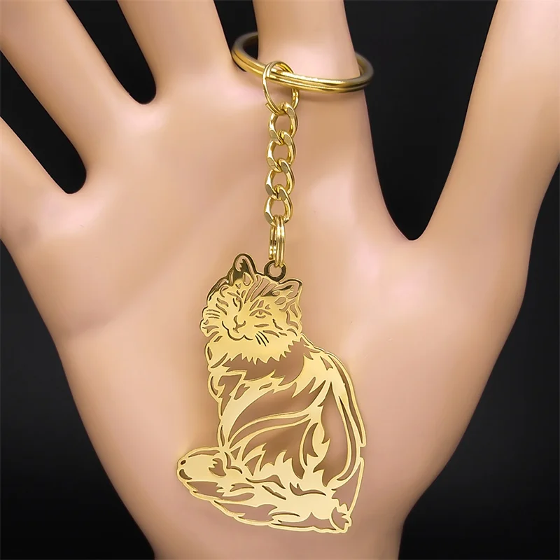 Aesthetic Cat Kitten Ragdoll Key Chain for Women Men Stainless Steel Gold Color Hollow Animal Key Ring Jewelry Gifts K3213S08 image 2