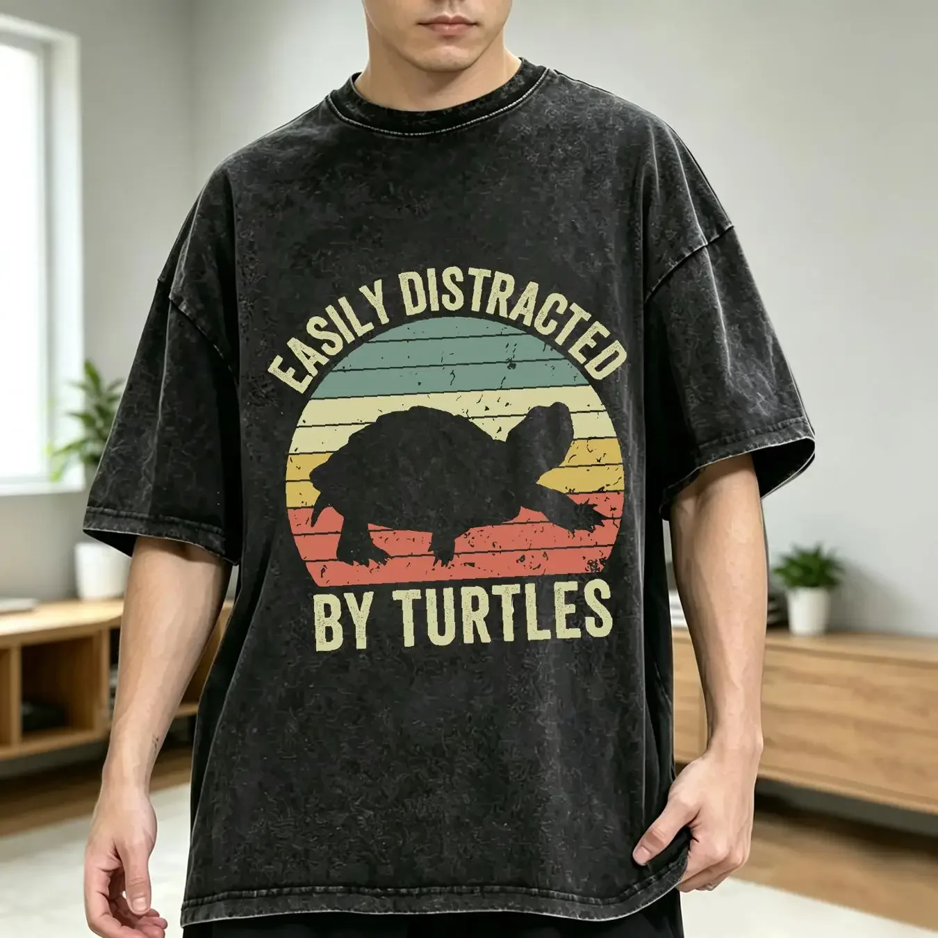 washed T Shirt Turtle Funny Lover Easily Distracted by Turtles Retro Vintage vintage Washed streetwear fashion Versatile