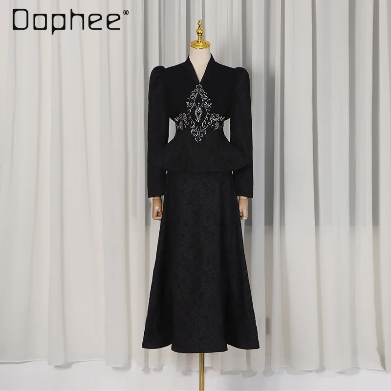 

Vintage Elegant Style Evening Dress Sets French Socialite High-End V-Neck Slim Long-Sleeve Top High-Waisted Skirt Two-Piece Set