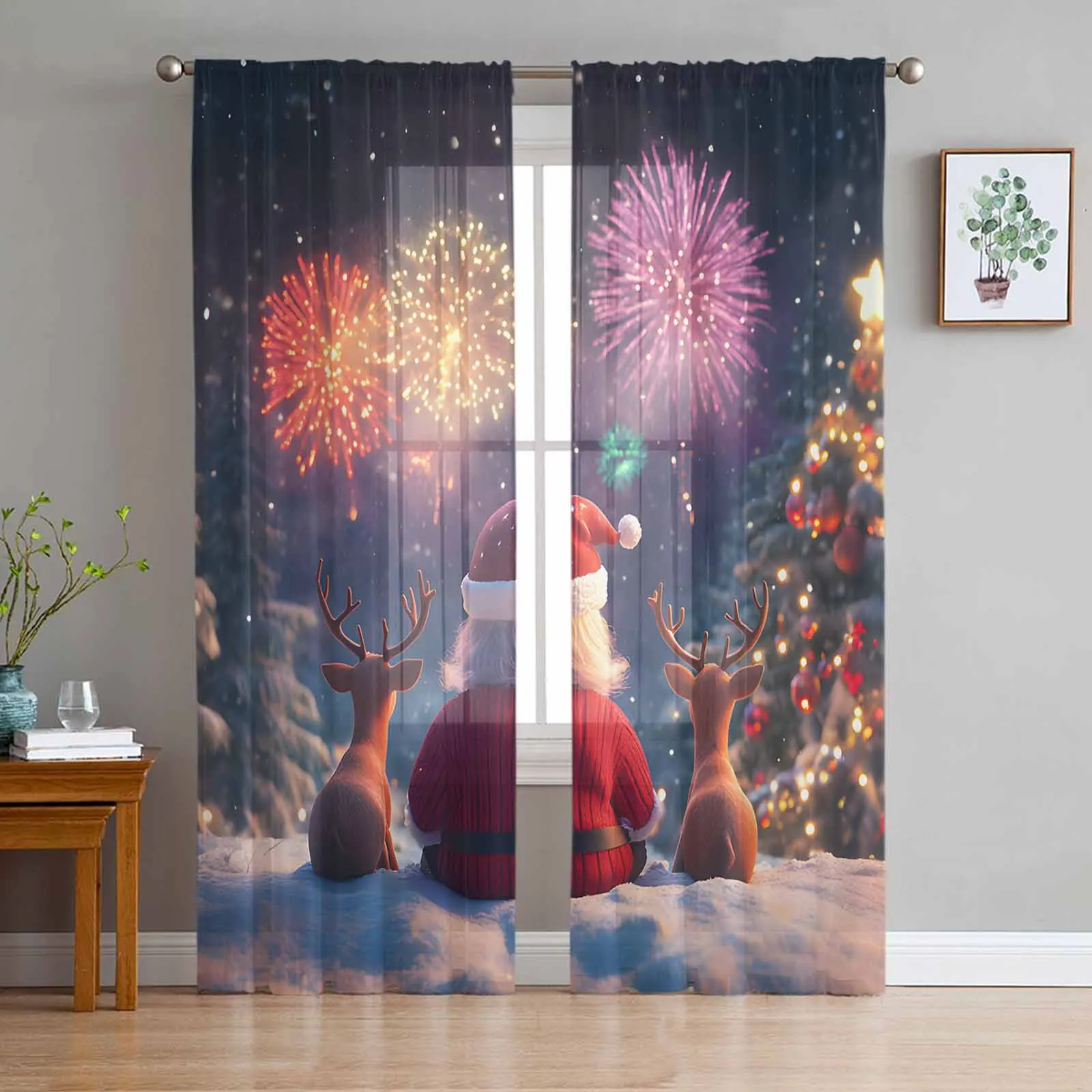 Christmas Tree Old Man Reindeer Curtains Decorations For Home Window Tulle Curtains For Living Room Bedroom