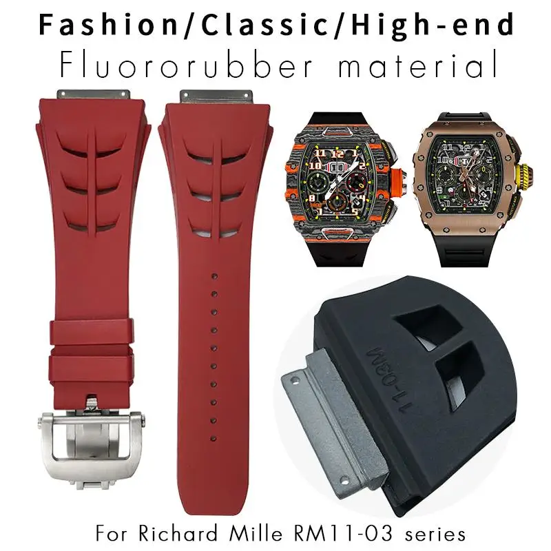 

25*18mm Fluoro Rubber Watchband Fit for Richard Mille RM11-03M Black Red White Soft Watch Strap Folding Buckle