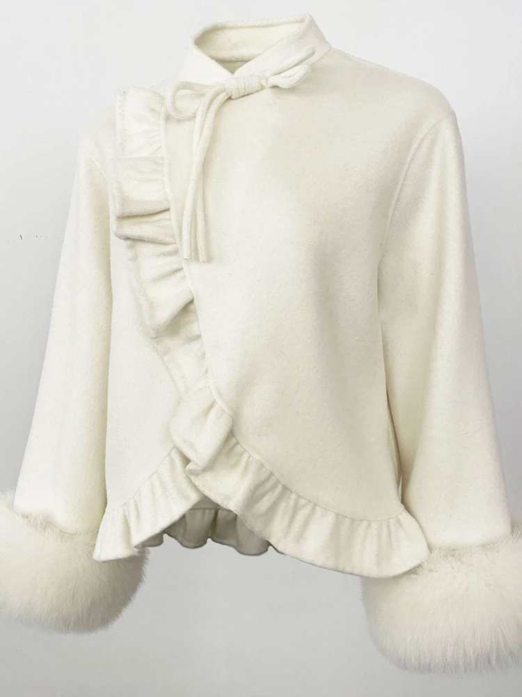 

Female Bow Fur Wool Coat Outerwears Fashion Short Real Fox Fur Coat Lady Woolen Jacket Women New Autumn Winter Clothes